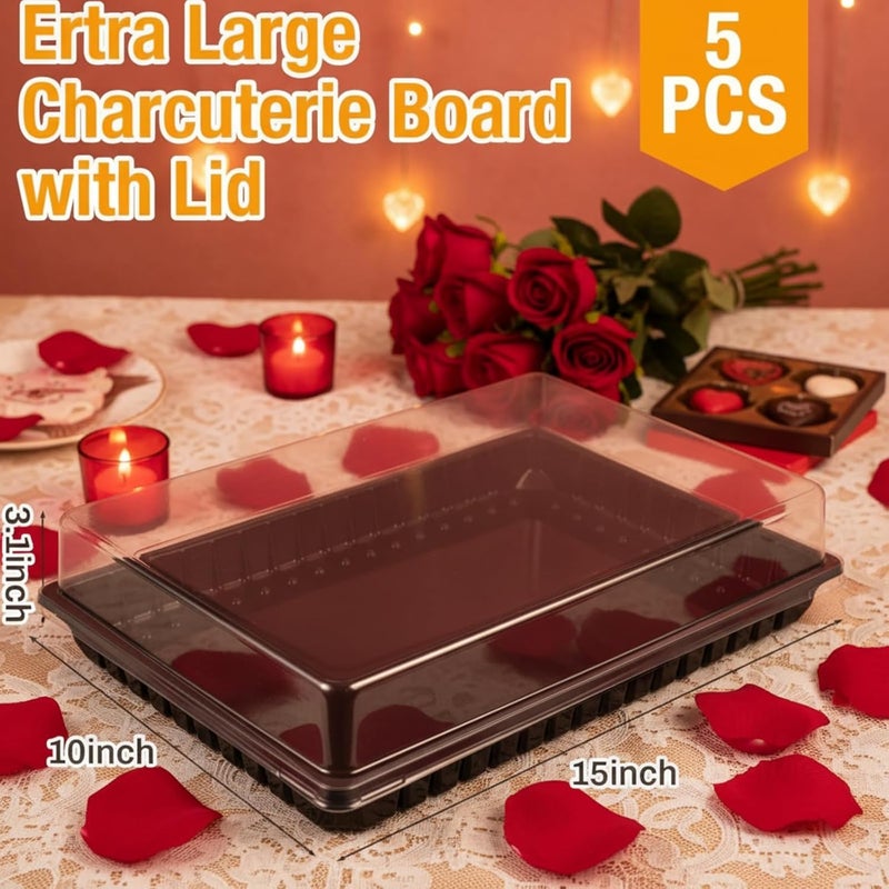 Shellwei 5 Pack Extra Large Valentine's Day Charcuterie Board with Lids 15 x 10 Inch Catering Cookie Trays Plastic Serving Tray Fruit Chocolate Desserts Reusable Platter for Travel Valentine Party - Image 2